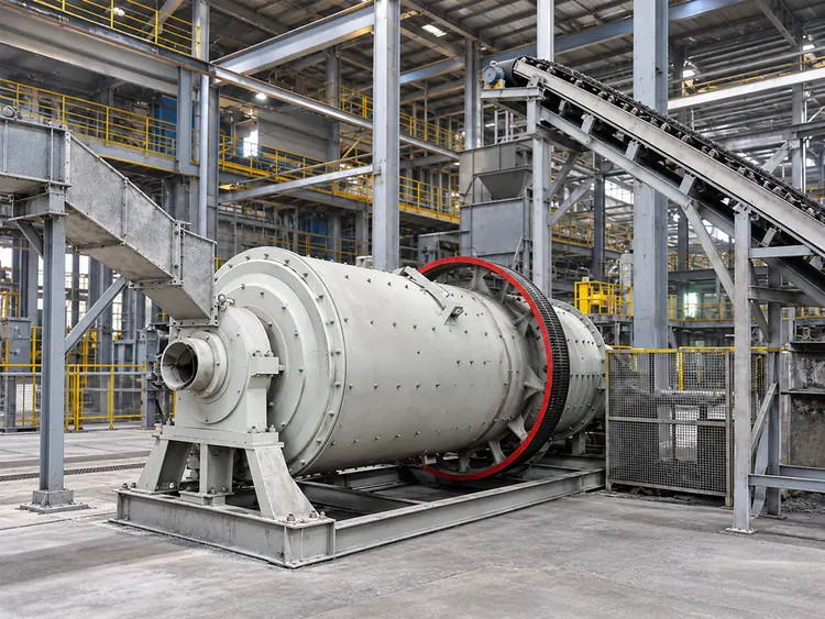 Gray aluminum ash ball mill with an enclosed feed chute and surrounding factory conveyors