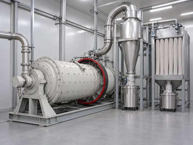 Gray ball mill beside a stainless steel cyclone, bag filter and enclosed collection drums