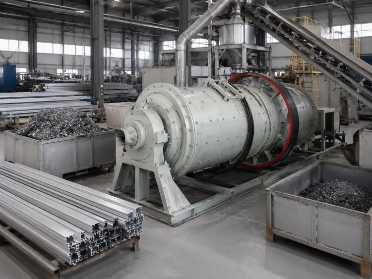 Gray ball mill beside stacked aluminum profiles and bins of production residue