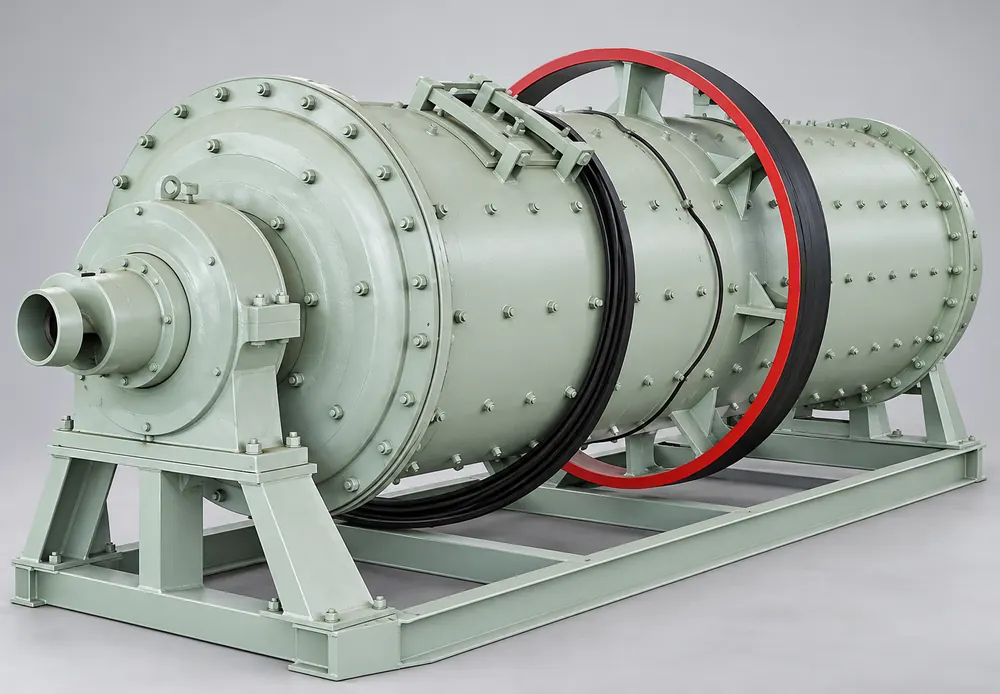 Pale gray aluminum ash ball mill with a bolted drum, front bearing housing and red drive rim
