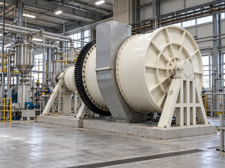Cream ceramic ball mill with a ribbed end plate in a processing hall with stainless steel vessels