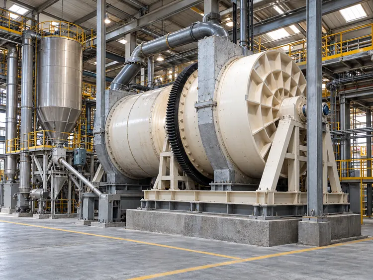Large cream ceramic ball mill with a black girth gear beside stainless steel silos and pipework