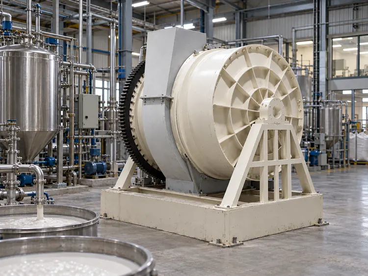Cream ceramic ball mill beside stainless steel tanks and containers of white slurry