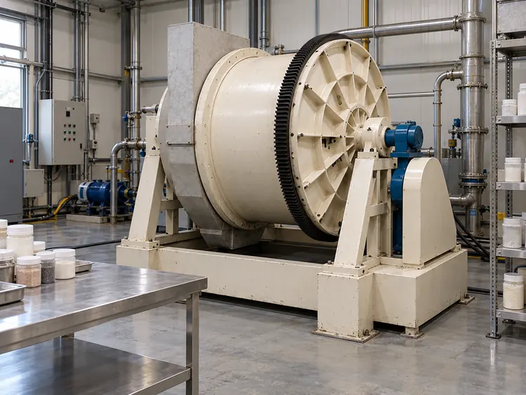 Cream ceramic ball mill with a blue bearing housing beside sample jars in a pilot workshop