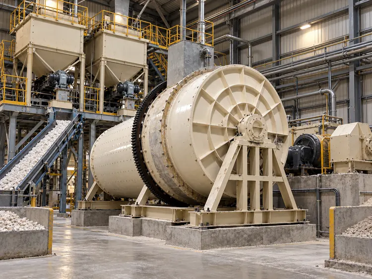Cream ceramic ball mill beside a conveyor carrying white mineral material beneath storage hoppers