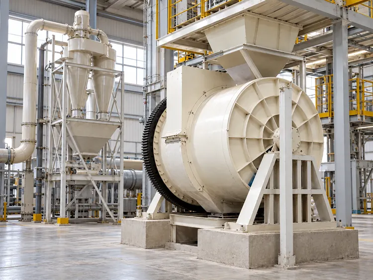 Cream ceramic ball mill beneath a feed hopper beside powder collection equipment