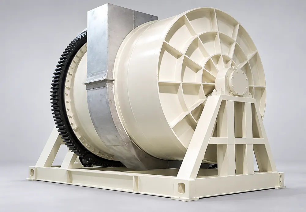 Cream ceramic ball mill with a ribbed circular end plate, black girth gear and steel support frame