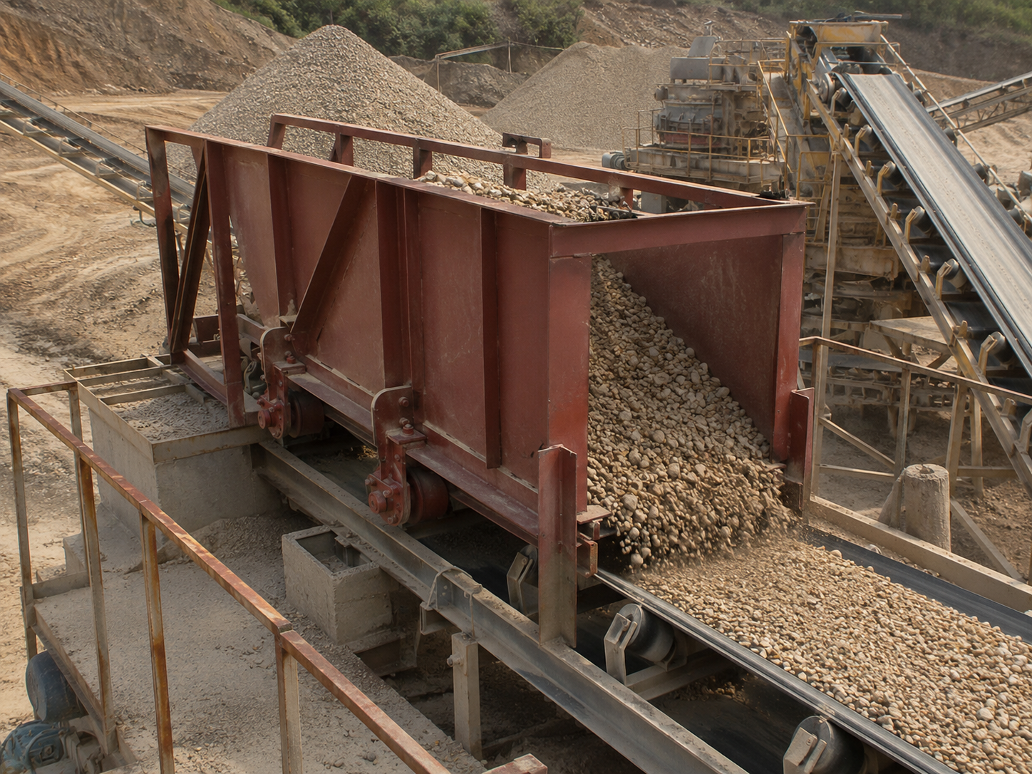 Chute feeder for aggregate and sand feeding, crushed stone, gravel, construction aggregate, and building material production