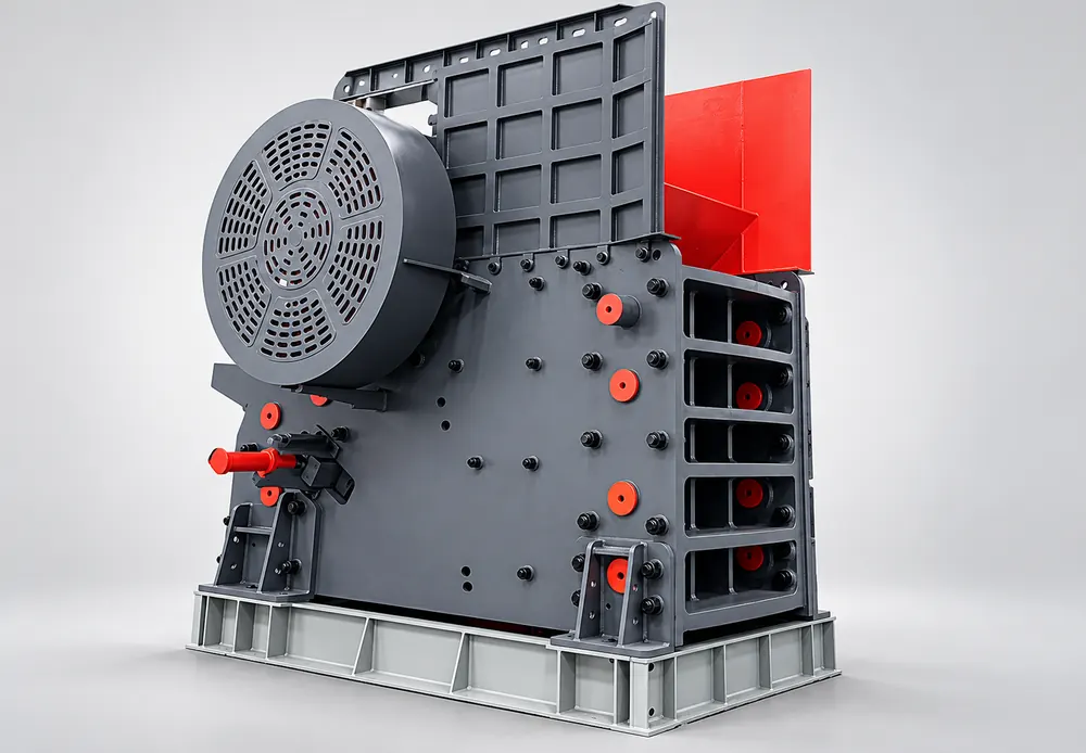 Dark gray CJ jaw crusher with a round perforated flywheel cover, reinforced frame, and red fittings