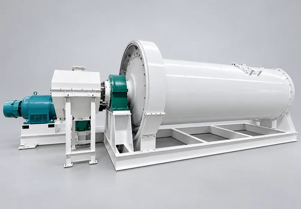 Long white continuous ceramic ball mill with a teal drive assembly and white steel supporting frame