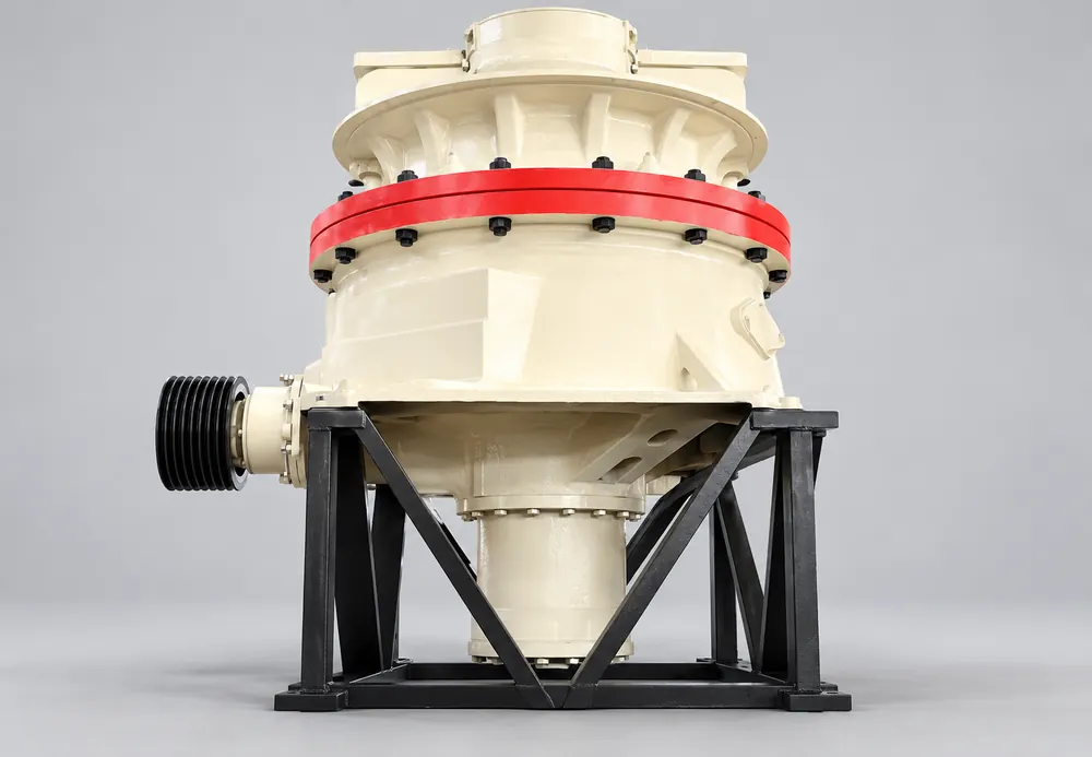 Cream-colored GP cone crusher with a red adjustment ring and black support frame
