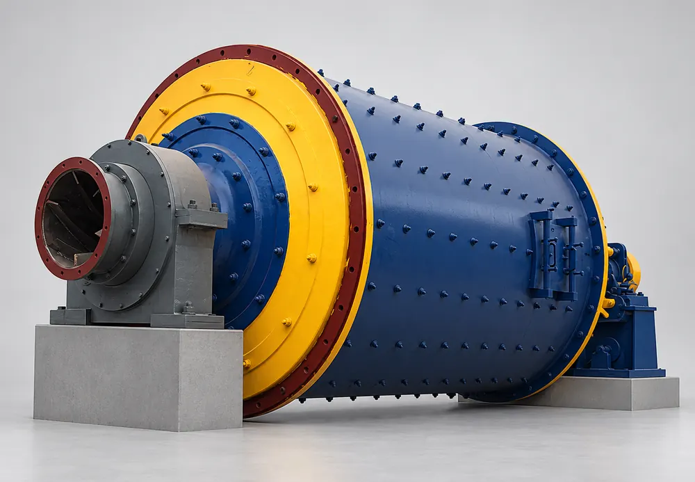 Blue grate-type ball mill with a yellow end plate and gray bearing housing