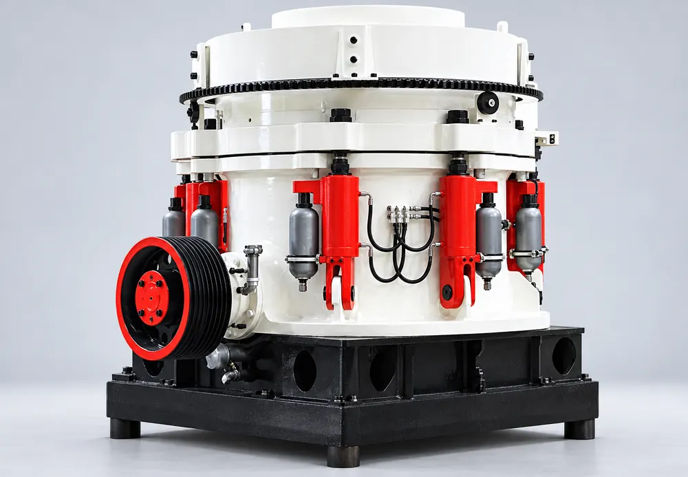 White HP cone crusher with red hydraulic cylinders, gray accumulators, and a black side pulley