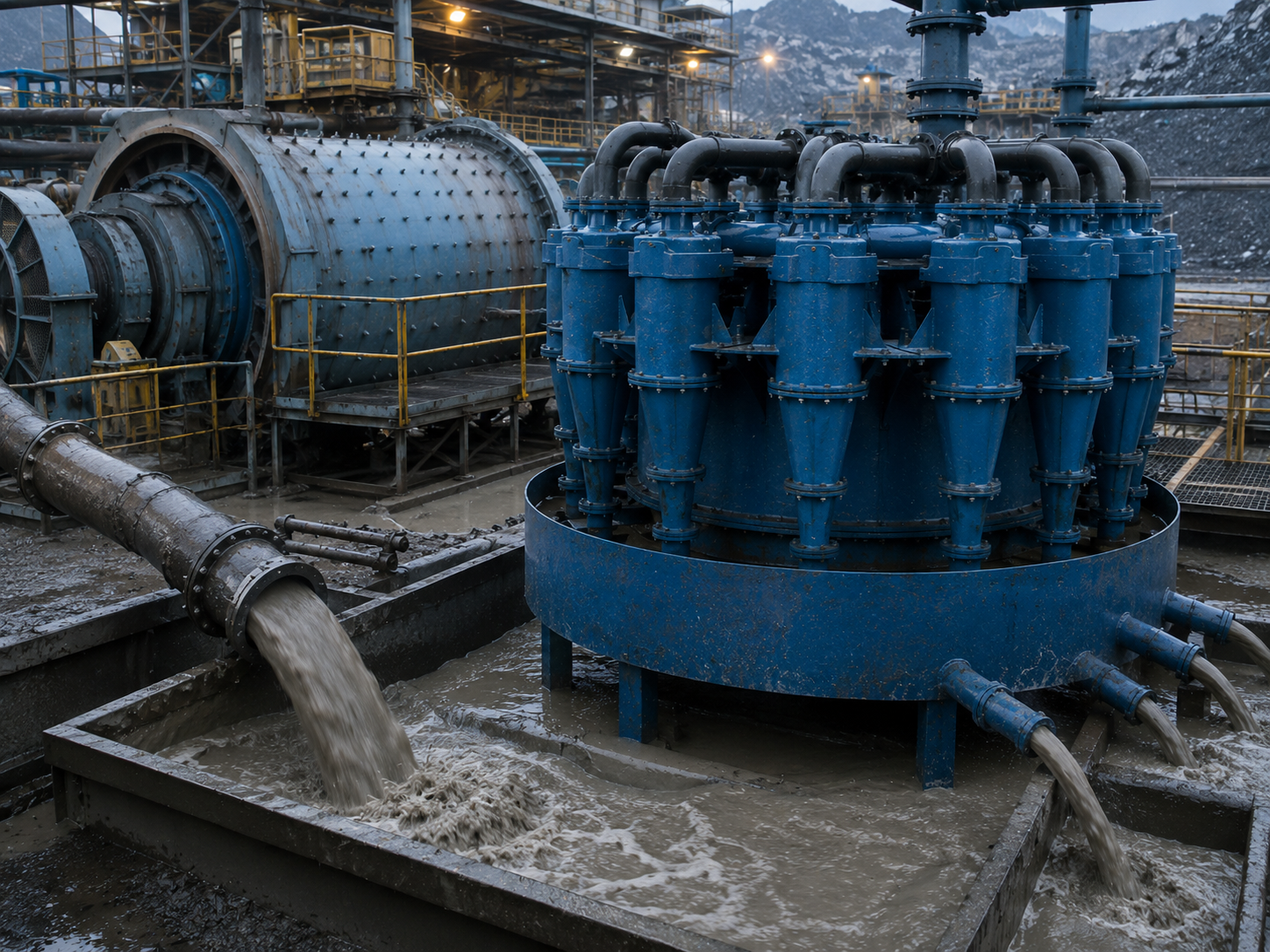 Hydrocyclone for ball mill grinding circuit classification, fine overflow separation, coarse underflow return, and mineral processing