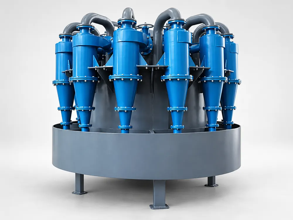 Blue hydrocyclone cluster with curved upper pipes and a grey circular collection tank