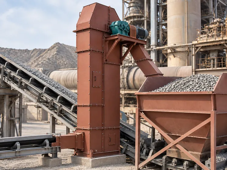 Reddish brown bucket elevator with a lower conveyor inlet and discharge chute above a material hopper