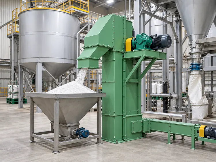 Green bucket elevator discharging white granules into a stainless steel hopper
