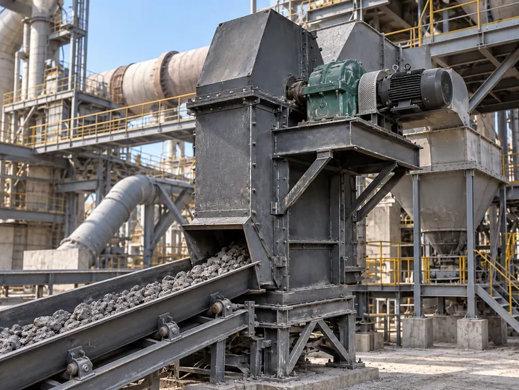 Dark steel bucket elevator with a teal gearbox beside a conveyor carrying gray clinker