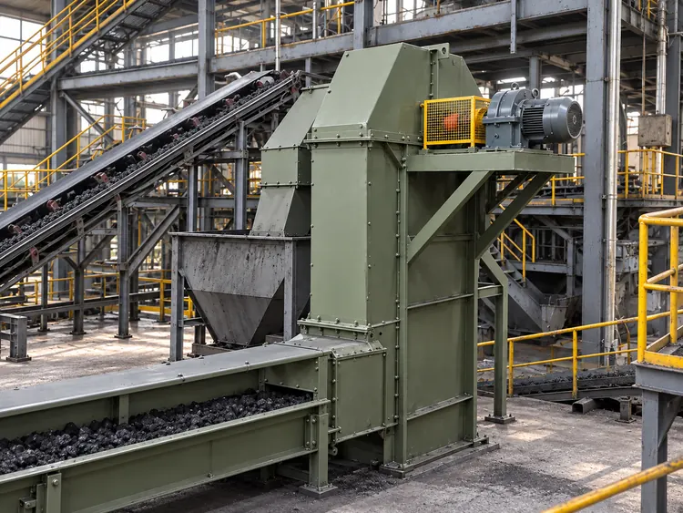 Olive gray bucket elevator with a guarded upper drive and coal feed conveyor inside a processing plant