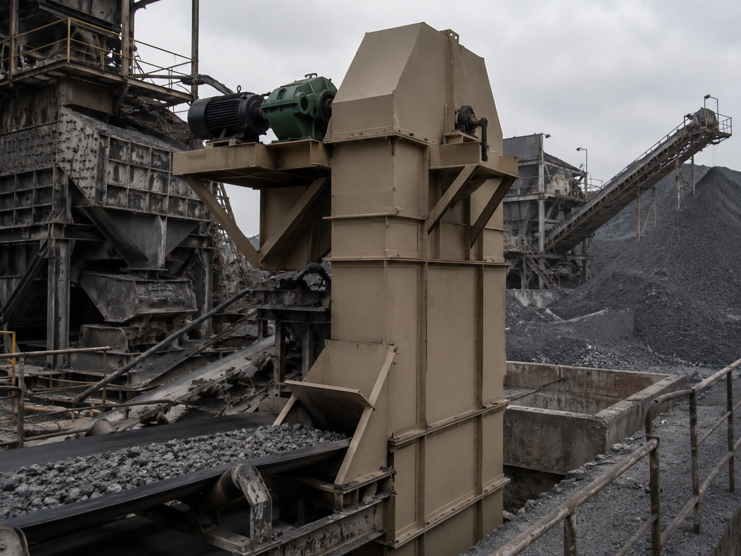 NE plate chain bucket elevator for mining and metallurgical conveying, ore, slag, mineral concentrate, and abrasive bulk materials