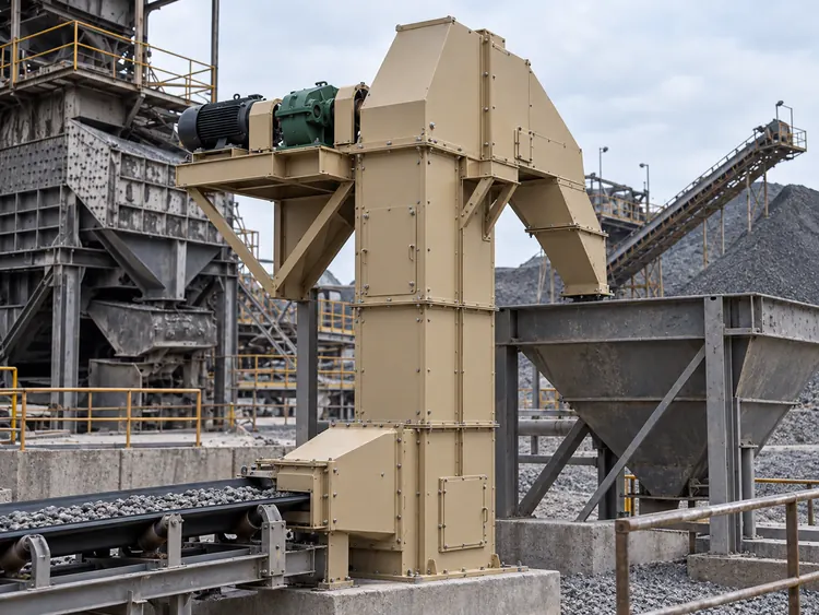 Beige bucket elevator connected to a rock feed conveyor and receiving hopper in a processing yard