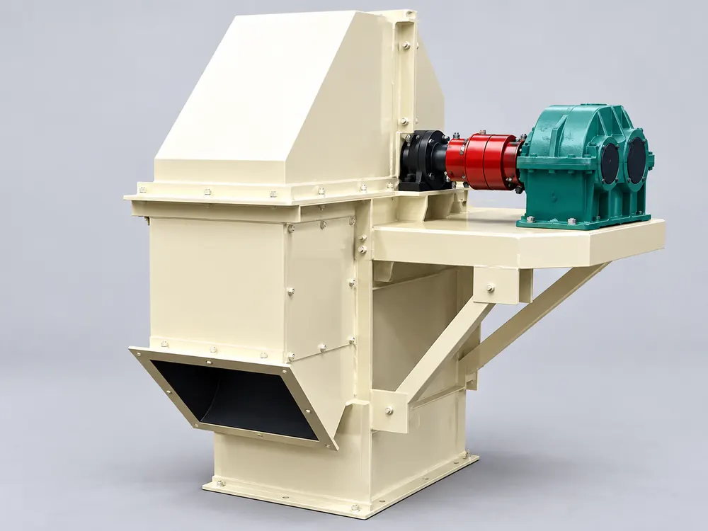 Cream bucket elevator housing with a teal gearbox, red coupling and braced side platform