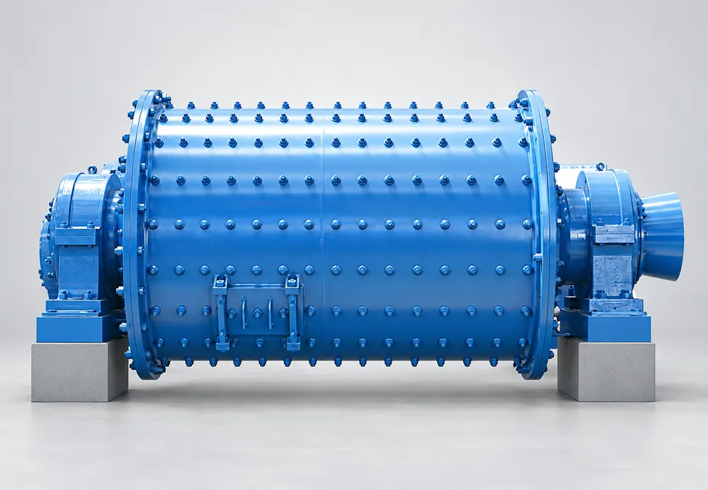 Blue overflow ball mill with rows of liner bolts, a rectangular access plate and end bearing housings