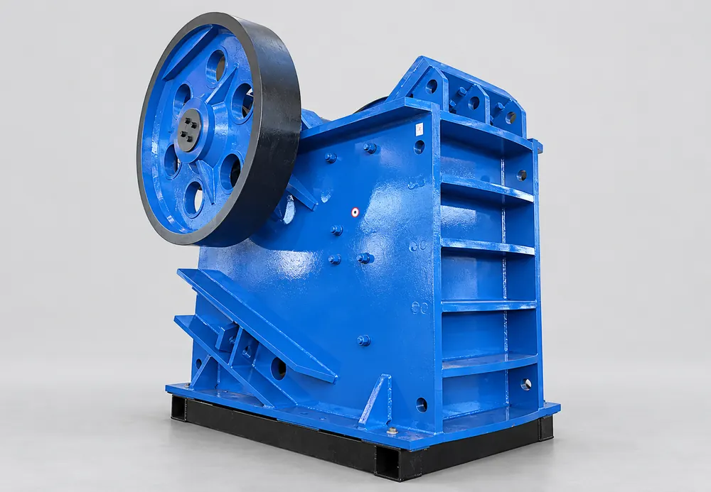 Blue PE jaw crusher with a large flywheel, reinforced side frame, and ribbed rear housing