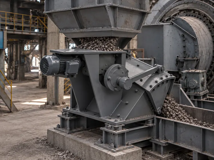 Long gray ore feeder with a side-mounted drive beside a ball mill
