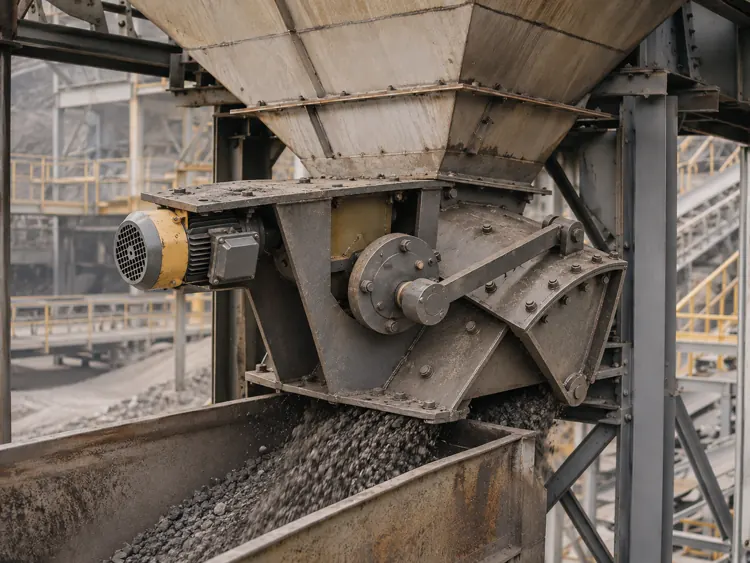 Compact gray feeder beneath a large hopper discharging bulk material into a chute