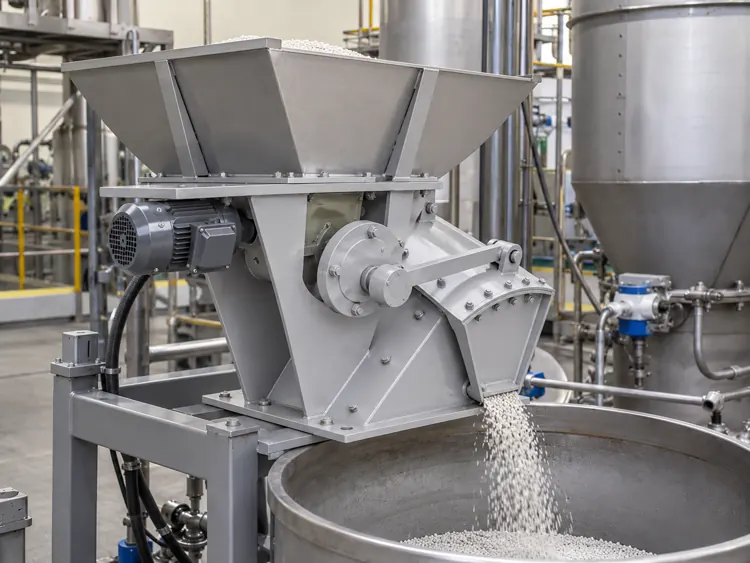 Gray hopper-mounted feeder discharging pale granules into a circular vessel