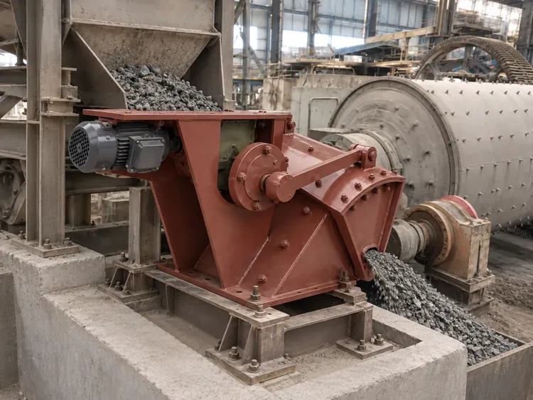 Red-brown ore feeder on a concrete base beside a ball mill