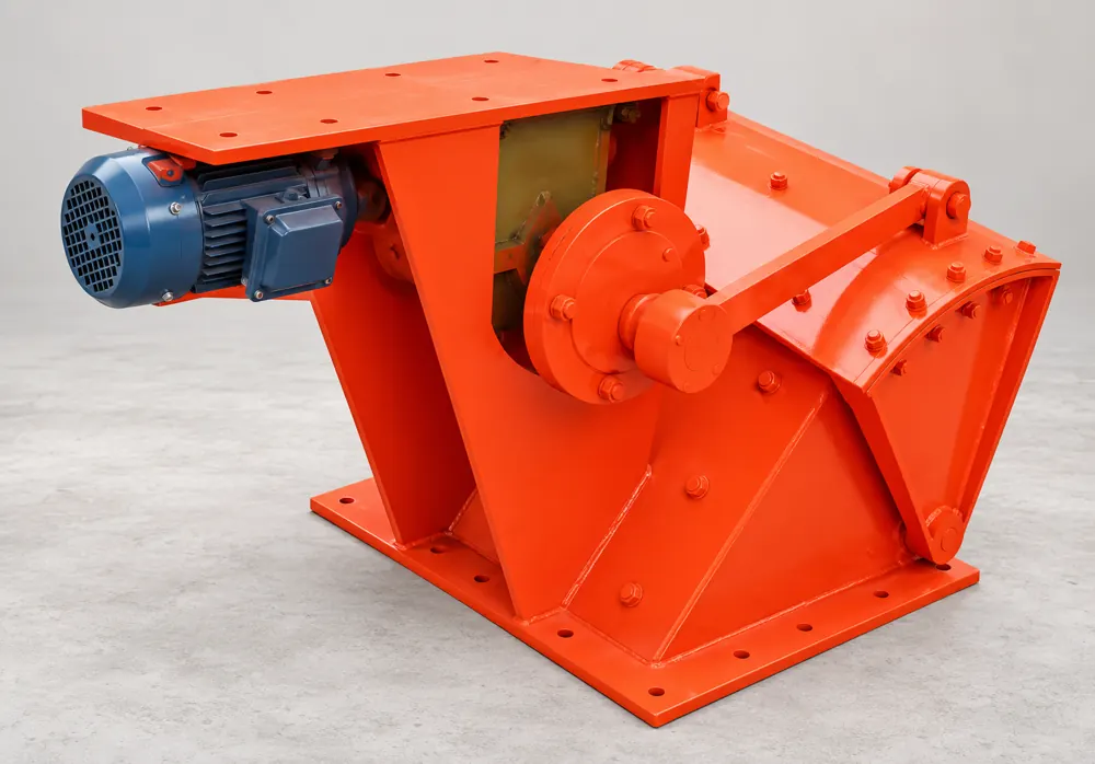 Orange pendulum feeder with a blue electric motor, side drive assembly, and curved discharge section