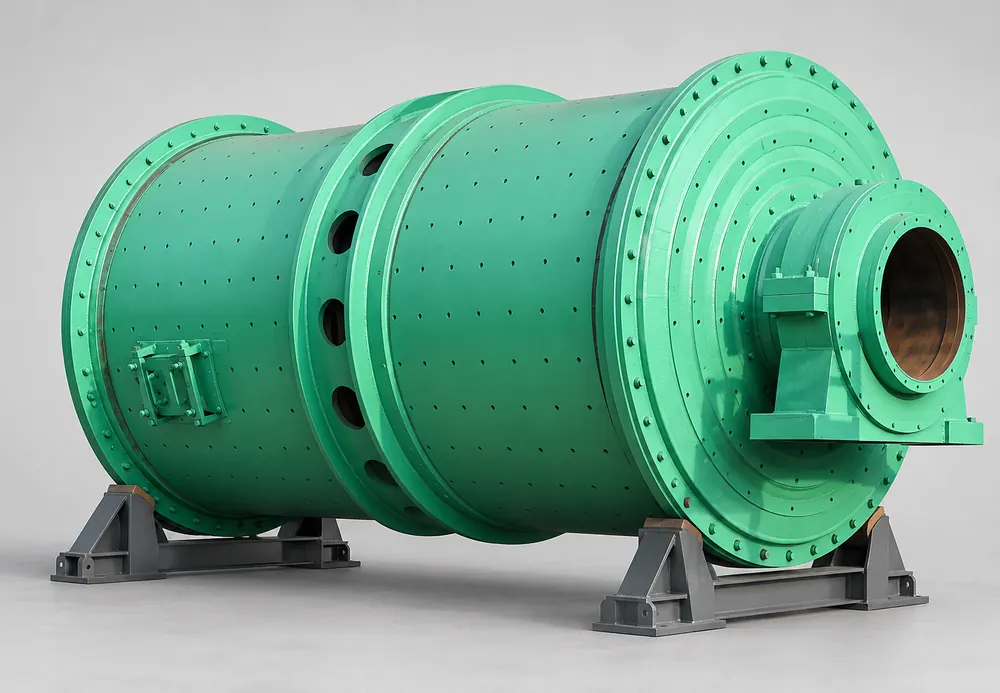 Teal green rod mill drum with a central raised ring, side access cover and hollow front trunnion