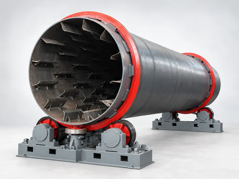 Grey rotary drum dryer with red support rings, roller bases, and visible internal lifting flights