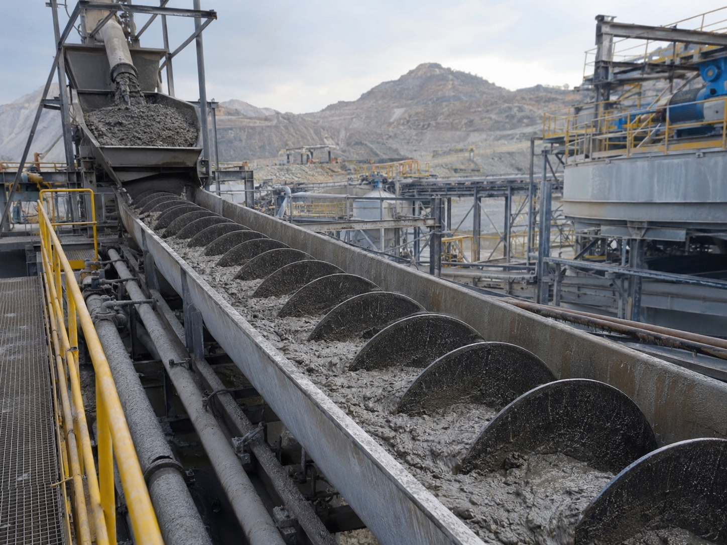 Screw conveyor for mining beneficiation plant material conveying, ore powder, sand, and mineral concentrate handling