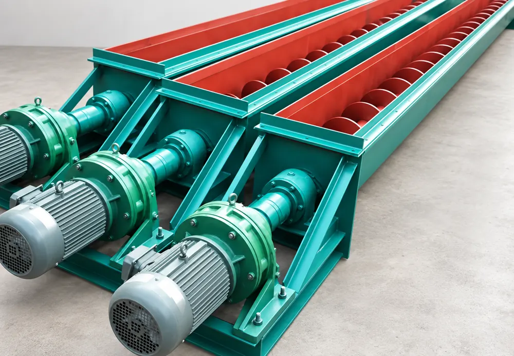 Three teal screw conveyors with exposed red helical flights and electric gearmotor drives