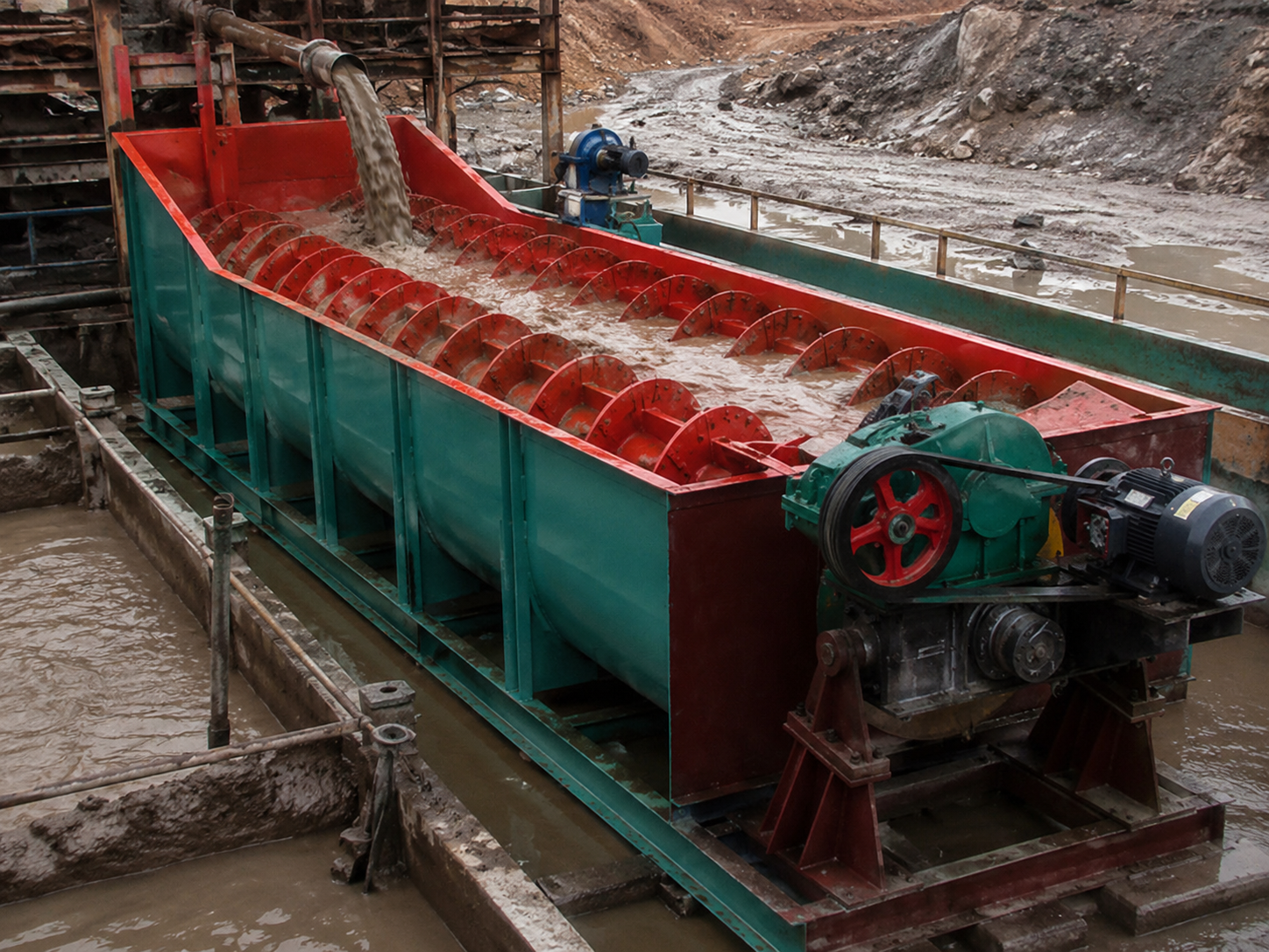 Spiral classifier for desliming operation, fine mud removal, slime separation, and ore washing circuits