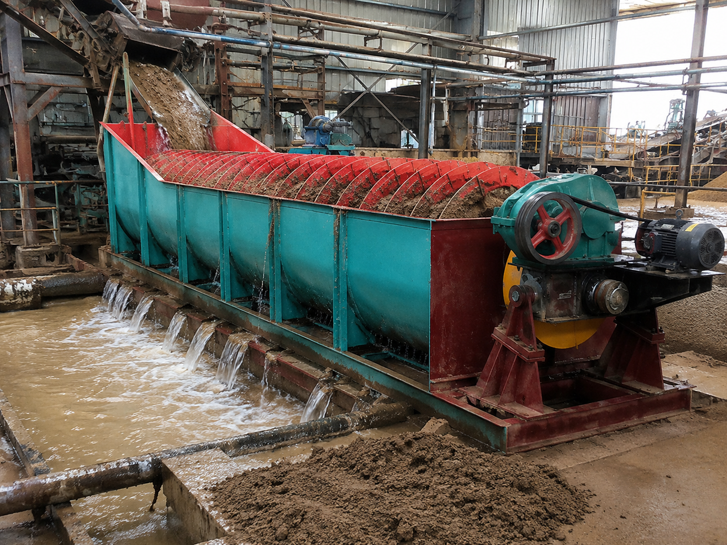 Spiral classifier for mineral dewatering, ore washing, slurry washing, and mineral processing plants