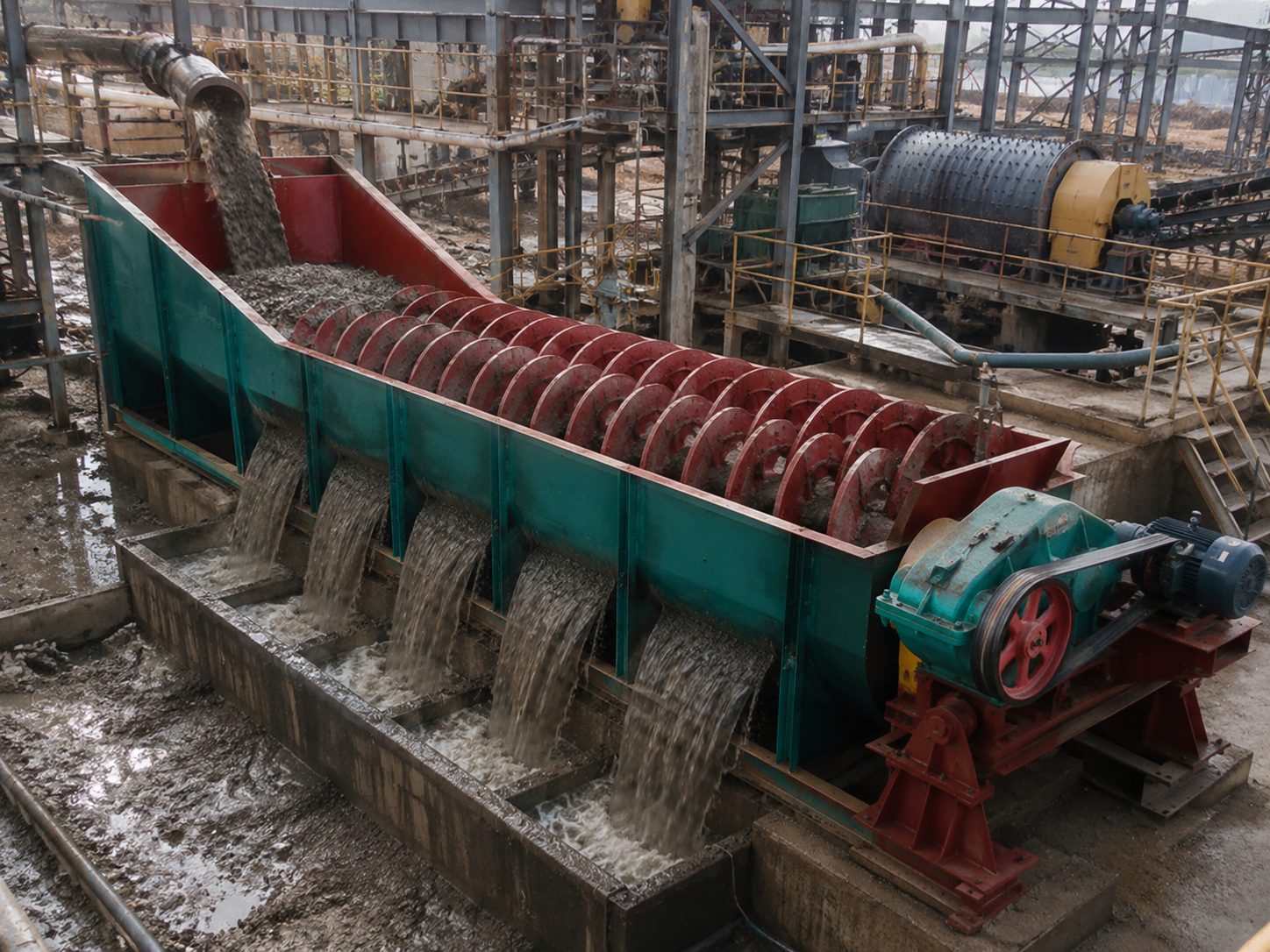 Spiral classifier for ore pulp classification, mineral slurry separation, particle size grading, and beneficiation plants