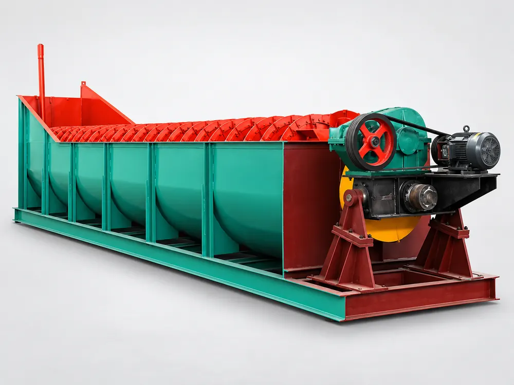 Green spiral classifier with red screw flights and motor drive on a light background