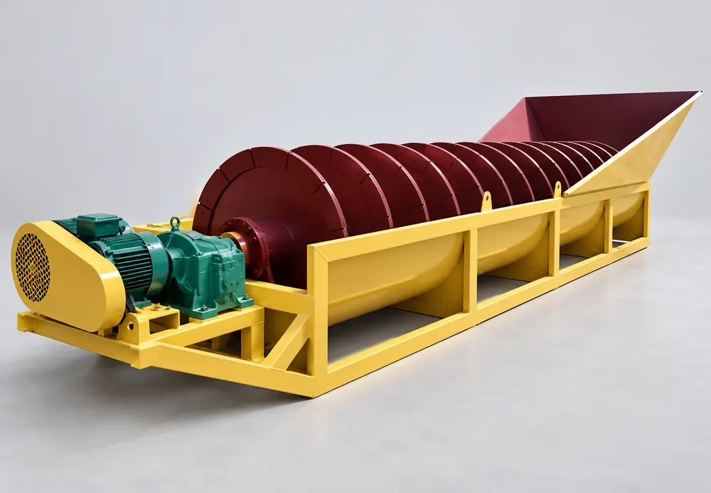 Yellow spiral sand washer with a burgundy screw, green motor, and uncovered gearbox