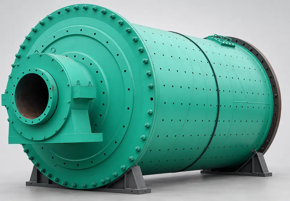 Teal steel ball coal mill drum with a bolted circular end plate and hollow front trunnion