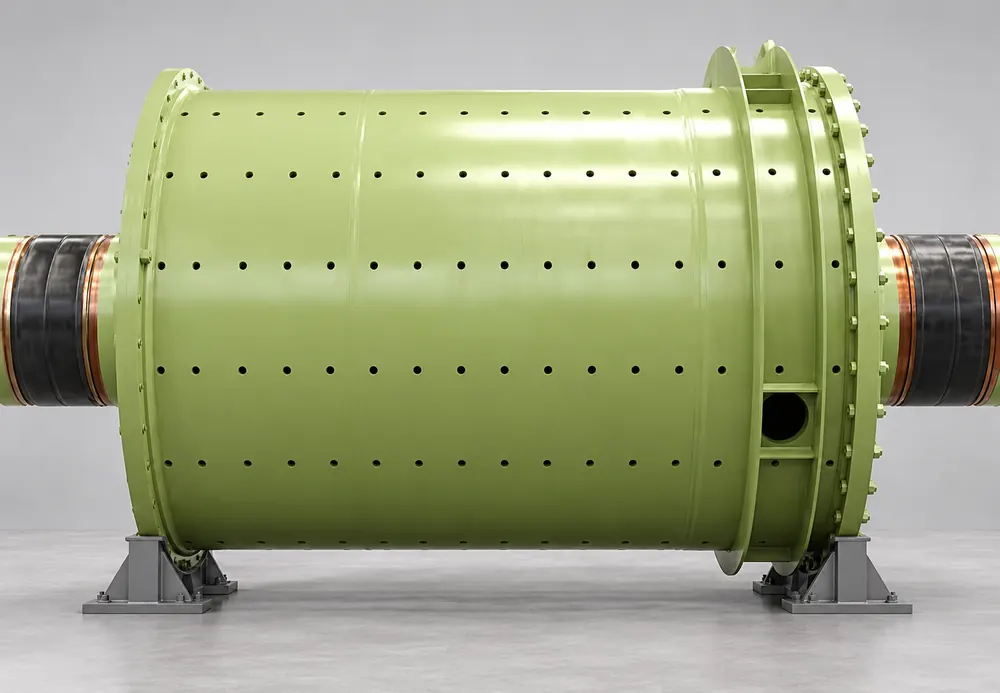 Pale green rod mill drum with rows of liner bolt holes, end flanges and black journals