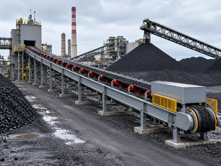 Gray inclined belt conveyor with red idlers carrying coal toward a power plant building