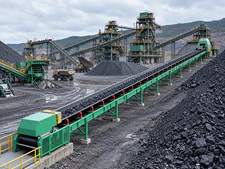 Green inclined belt conveyor carrying dark rock through a mineral processing yard