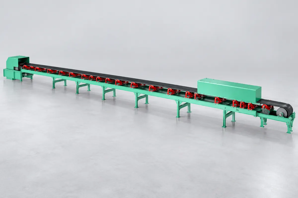 Long green belt conveyor with black rubber belt, red idlers and steel support legs