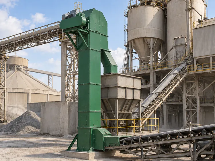Green bucket elevator with an upper drive and enclosed chute beside cement plant silos