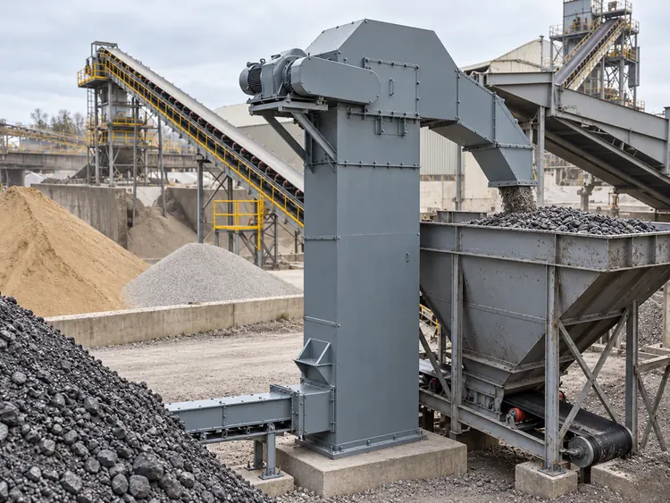 Gray bucket elevator discharging dark bulk material into a hopper beside outdoor stockpiles