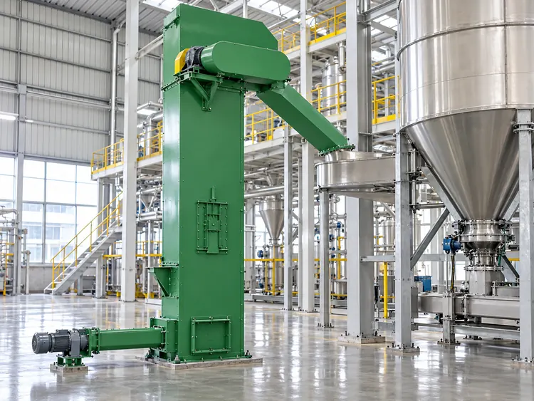 Green bucket elevator with a covered upper drive and discharge chute in a fertilizer processing hall